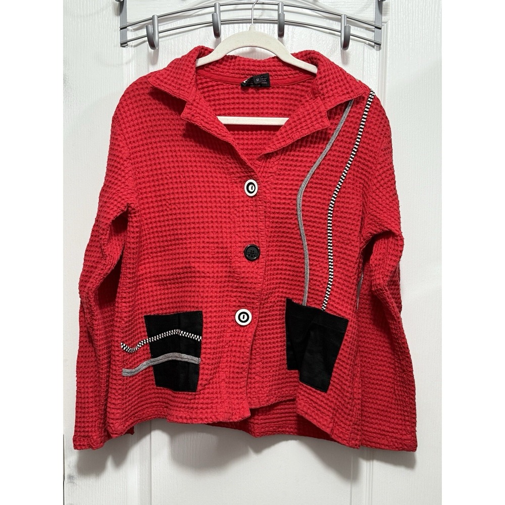 Vintage 90s Nanette Keller Women M Red Knit Lagenlook Waffle Cardigan Jacket USA